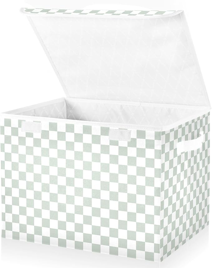 Grey Green Checkerboard Storage Baskets Lidded Bin Foldable Storage Boxes Cubes Lids with 2 Handles for Organizing Closet Home Office