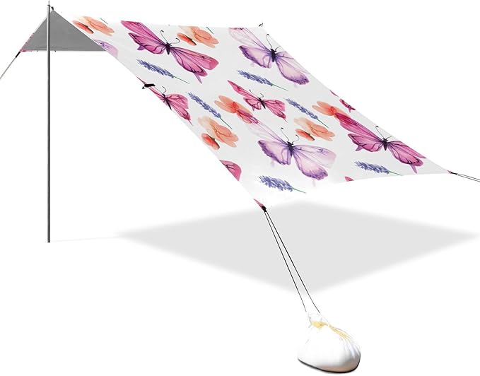 xigua Butterflies Beach Tent Sun Shelter with Carrying Bag - Silver Coated Oxford Fabric Beach Canopy for Beach Camping Fishing - Includes Windproof Ropes Sandbags &amp Stakes