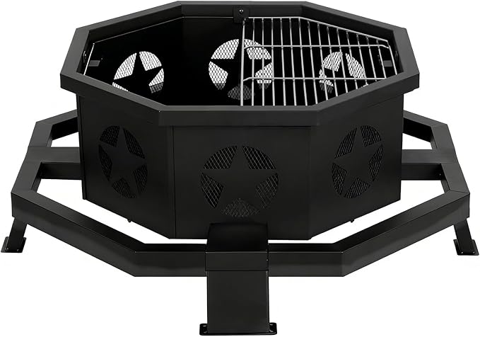 Hykolity 31 Inch Fire Pit Octagonal Outdoor Fire Pit 2 in 1 Wood Burning Fire Pits with Cooking Grill Smokeless FirePit for Outside Bonfire Patio Backyard Camping