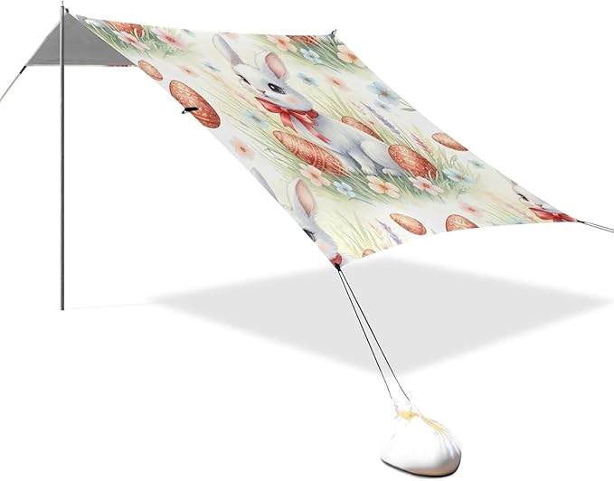 xigua Easter Bunny Beach Tent Sun Shelter with Carrying Bag - Silver Coated Oxford Fabric Beach Canopy for Beach Camping Fishing - Includes Windproof Ropes Sandbags &amp Stakes