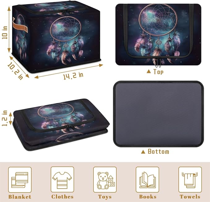 Dream Catcher Storage Box with Lid Feathers Collapsible Storage Bins Baskets Cubes Closet Shelf Clothes Organizer Containers with PU Leather Handles