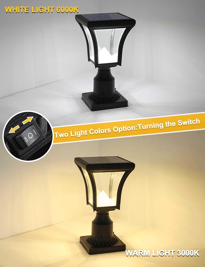 Solar Post Light with Pier Mount Solar Lamp Post Light with Clear Glass Solar Pillar Light Outdoor Warm White &amp Cool White (Switch)