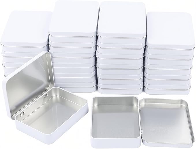 Goodma 24 Pieces Rectangular Metal Empty Hinged Tins Containers Basic Necessities Home Storage Organizer Mini Box Set 4.5 x 3.3 x 0.9 inch (White)