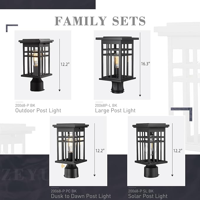 zeyu 2 Pack Solar Exterior Post Lamp Light 12 Inch Dusk to Dawn Outdoor Lamp Post Light for Patio with Remote Die-Cast Aluminum with Clear Glass Shade Black Finish 20068-P-2 SL BK