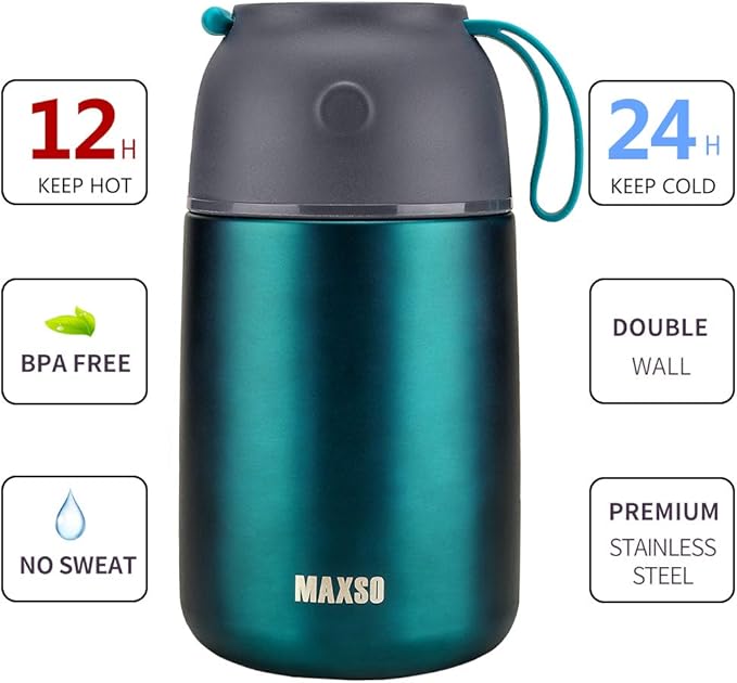 MAXSO 2 Pack Soup Thermo for Hot &amp Cold Food for Kids Adults Vacuum Insulated Food Jar Thermal Lunch Containers Travel Food Flask with Spoon (24 oz17 oz) (Matte Green)
