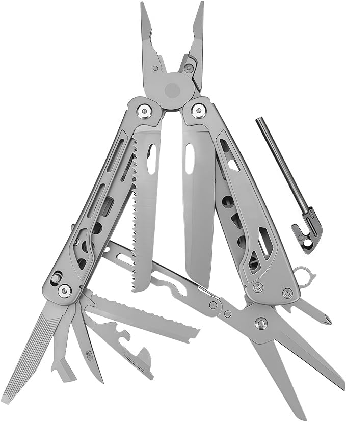 Multitools 20-in-1 Full-Size Lightweight EDC Multi-Purpose PliersWith Safety Locking Knife Tactical Gear Tools Men Gift Ideas Equipment for Emergencies Hiking and Outdoor Camping (Silver)