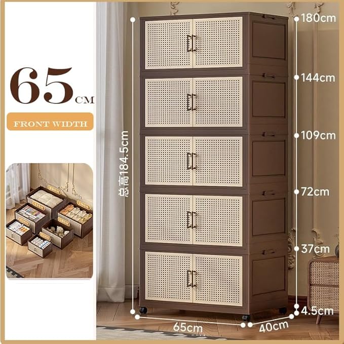 Plastic bins for storage Collapsible Closet Organizer with Wheels Extra Large Storage Cabinet Rolling Closet Organizers Container with Doors for Living RoomBedroomOffice(3 tier65x40x184.5cm)