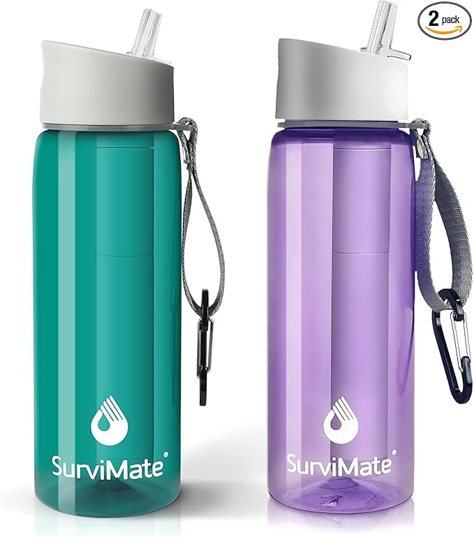 SurviMate Purified Water Bottle for Camping Hiking Backpacking and Travel BPA Free with 5-Stage Intergrated Filter Straw