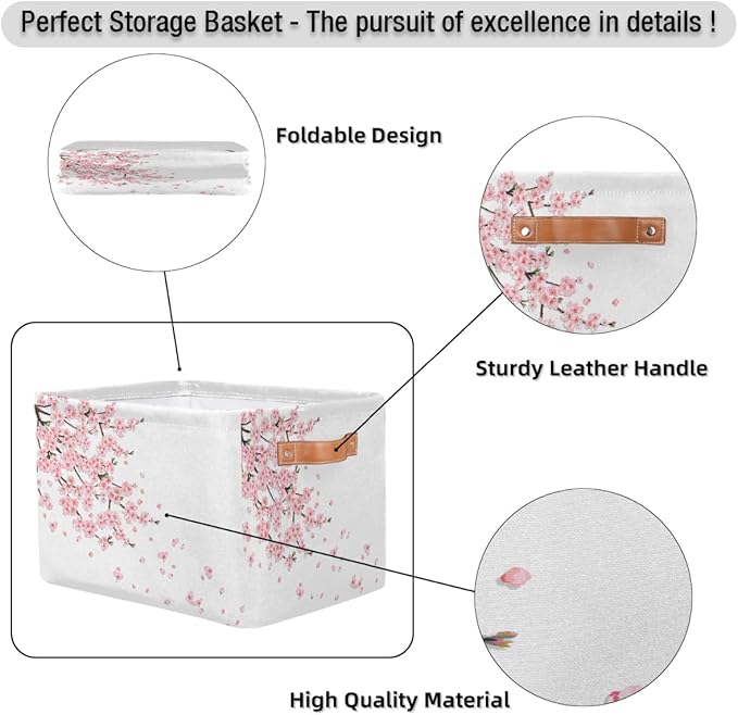 Basket Storage Bins Japanese Cherry Blossoms Rectangle Cube Basket Box Kids Girls Boys Toys Organizer Beaket Decor Foldable with Handle for Living Room Bedroom Closet Nursery Office Shelf Gifts