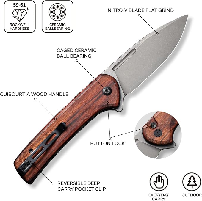 CIVIVI Pocket Knife for EDC Conspirator Button Lock Folding Knife 3.48 Nitro-V Blade Cuibourtia Wood Handle C21006-3