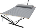 SUPERJARE Hammock with Stand 2 Person Quilted Outdoor Hammock Detachable Pillow &amp Bamboo Spreaders Portable Hammock with Carrying Bag Heavy Duty Stand Perfect for Outside Patio Gray