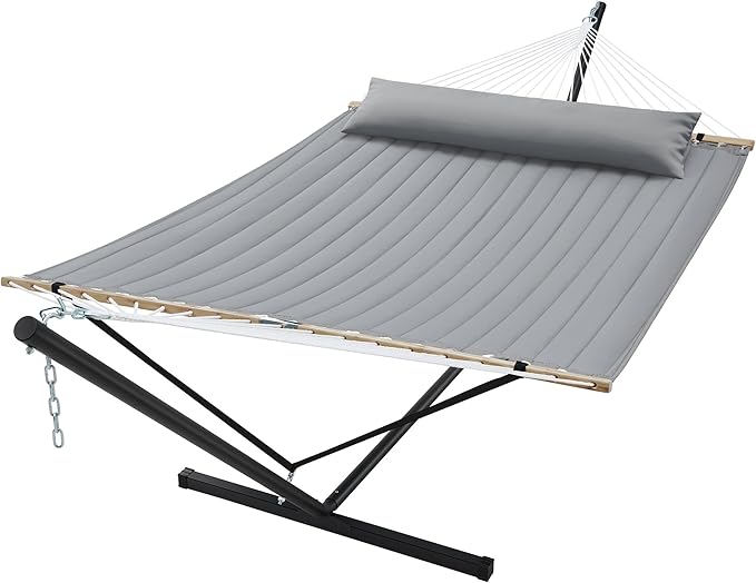 SUPERJARE Hammock with Stand 2 Person Quilted Outdoor Hammock Detachable Pillow &amp Bamboo Spreaders Portable Hammock with Carrying Bag Heavy Duty Stand Perfect for Outside Patio Gray
