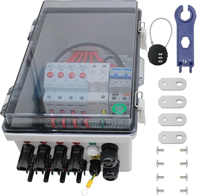 4 String PV Combiner Box Solar Combiner Box with Lightning Arreste 15A Rated Current Fuse and Circuit Breaker Waterproof Combiner Box for On/Off Grid Solar System(Transparent with Lock)