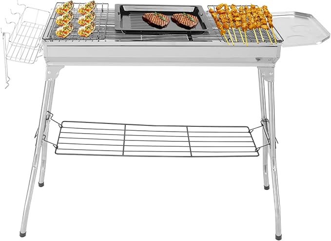 LEADZM Stainless Steel Barbecue Grill BBQ Charcoal Foldable &amp Portable Grill Great for Outdoor Cooking Camping Hiking Picnics Tailgating Silver 39.3×12.2×27.9