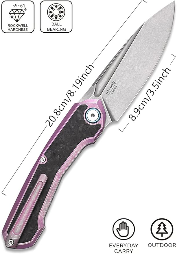 Sitivien ST999 Folding KnifeS35VN Steel Blade with Titanium and Carbon Fiber Handle Frame LockEDC Knife with pocket clip for Outdoor Camping Survival Hiking(Pink)