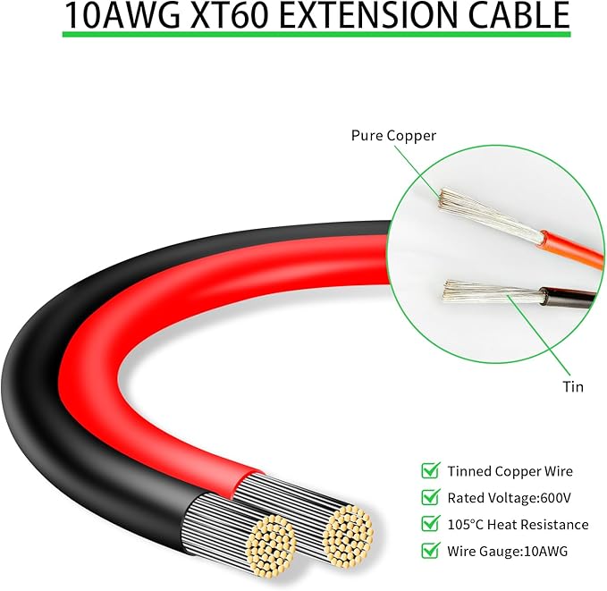 Ansoufien 10AWG XT60 Extension Cable 20FT XT60 Cable with Male to Female Connector for Portable Power Station Solar Panel RC Battery