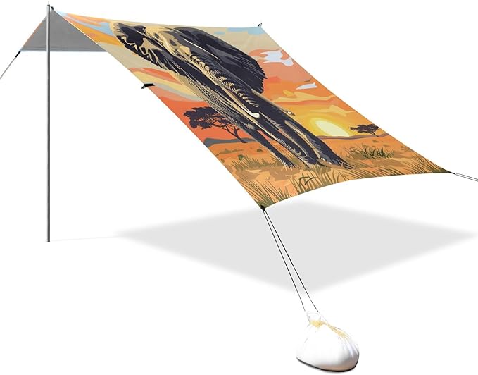 ALAZA African Elephant Sunset Beach Tent Sun Shelter UPF50+ Protection Beach Shade Canopy w/ 4 Sandbags for Outdoor Camping Fishing Backyard Fun Picnic 10x9 ft