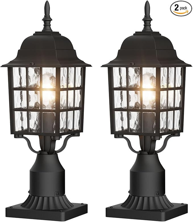 Outdoor Post Light 2-Pack Exterior Lamp Post Light Fixture with Pier Mount Base Exterior Pole Lantern Light Black with Water Ripple Glass