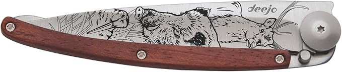 deejo - 37G Folding Pocket Knife with Belt Clip - Hunting Scene Design 3.7-Inch Stainless Steel Blade Coral Wood Handle - Lightweight Everyday Carry for Home Work and Outdoor Use