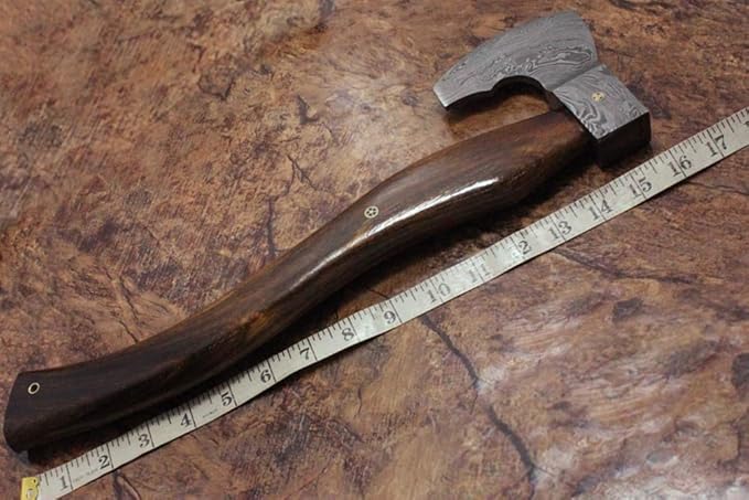 16 Inches Long Hand Forged Damascus Steel Tomahawk Axe Bearded Hiking Battle Axe Rose Wood Round Handle Large 5 Cutting Edge Thick Cow Hide Leather Sheath