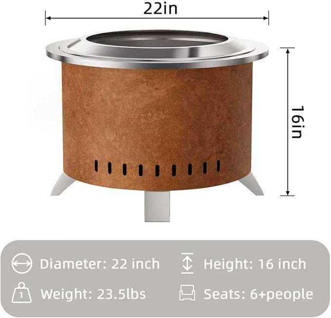 Verdeluxe Smokeless Fire Pit22 Inch Stainless Steel Firepit Outdoor Wood Burning Fire Pit with CoverSmokeless Firepits for Outside Backyard Patio Garden Camping(Rusty)