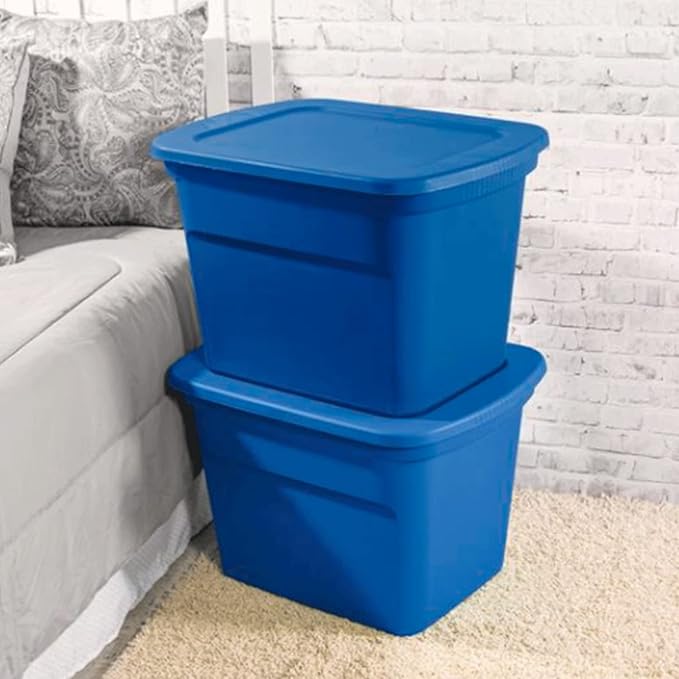 Sterilite 18 Gallon Stackable Plastic Storage Tote Container with Latching Snap-Close Lid for Home and Office Organization Blue (8 Pack)