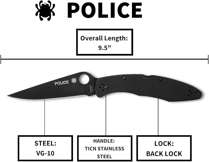 Spyderco Police Model Folding Pocket Knife with 4.2 VG-10 Steel Blade and TiCN Stainless Steel Handle - EDC Knife for Men and Women Perfect for Hunting Tactical Camping - PlainEdge - C07BKP