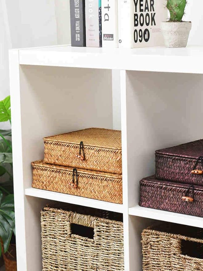 DOKOT Flat Seagrass Storage Bins with Lid Wicker Basket for Shelf Organize Set of 2 (Small+Large)