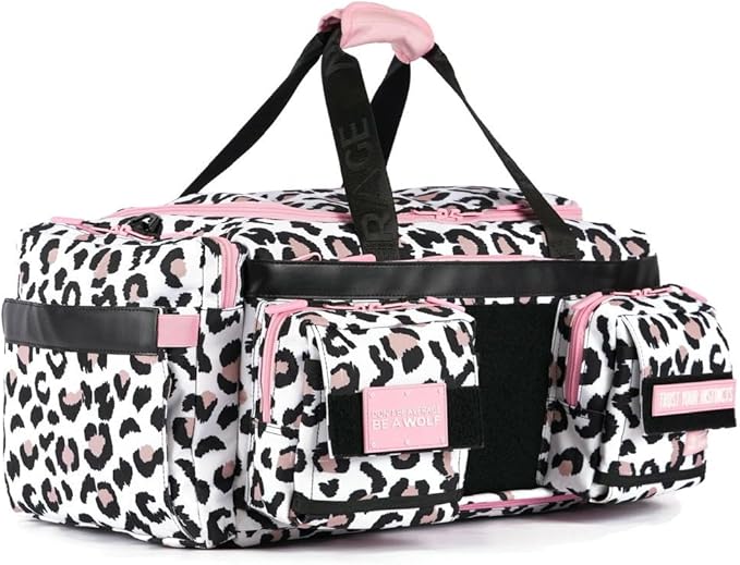 WOLFpak Ultimate 40L Gym &amp Travel Duffle Bag | Heavy-Duty Gear Bag w/Durable Waterproof 1000D Oxford Material | Hard Shell Base Laptop Sleeve Custom Patch Options | (Leopard Pink Zip)