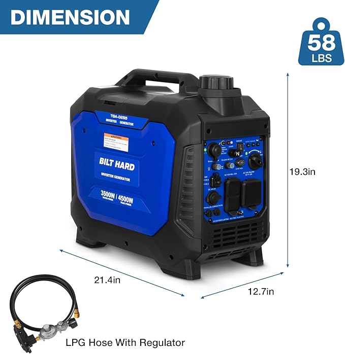BILT HARD Ultra-Quiet 4500W Inverter Generator Dual Fuel (Gas/Propane) with CO Sensor 4-Cycle RV Ready &amp Parallel Capable for Home Backup and Camping