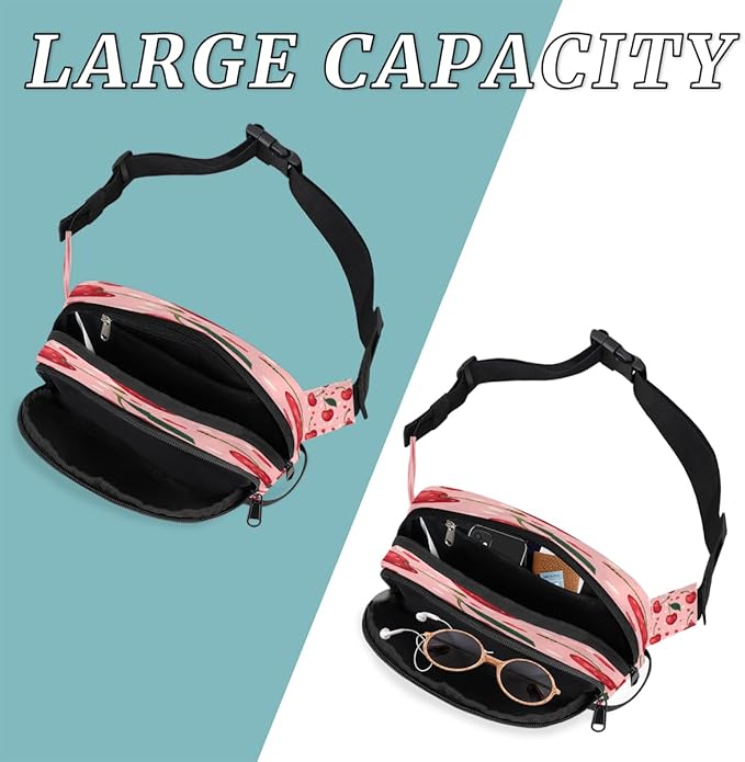 Polka Dot Heart Cherry Waterproof Fanny Pack for Women Men Adjustable Waist Bag with Double Zipper Pockets Lightweight Square Hip Pack for Running Travel Hiking Workout Cycling