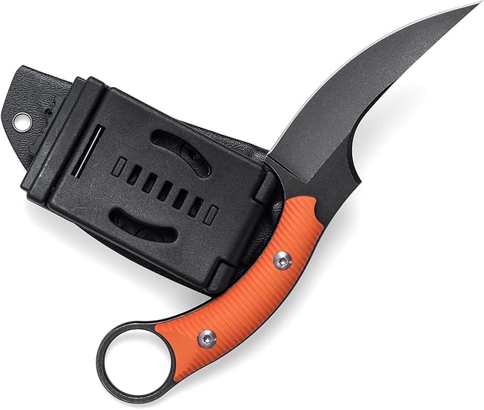 Fixed Blade Knife D2 Steel Blade and G10 Handle Utility Claw EDC Knife for Outdoor Survival Hiking Camping with Kydex Sheath OK1220 (Orange)