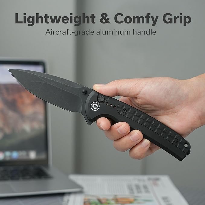 CIVIVI Folding Pocket Knife Sentinel Strike II Utility Knife with Glass Breaker 3.7 Nitro-V Blade Aluminum Handle EDC Knife for Outdoor Survival Hunting Hiking Camping C22025D-1 Black