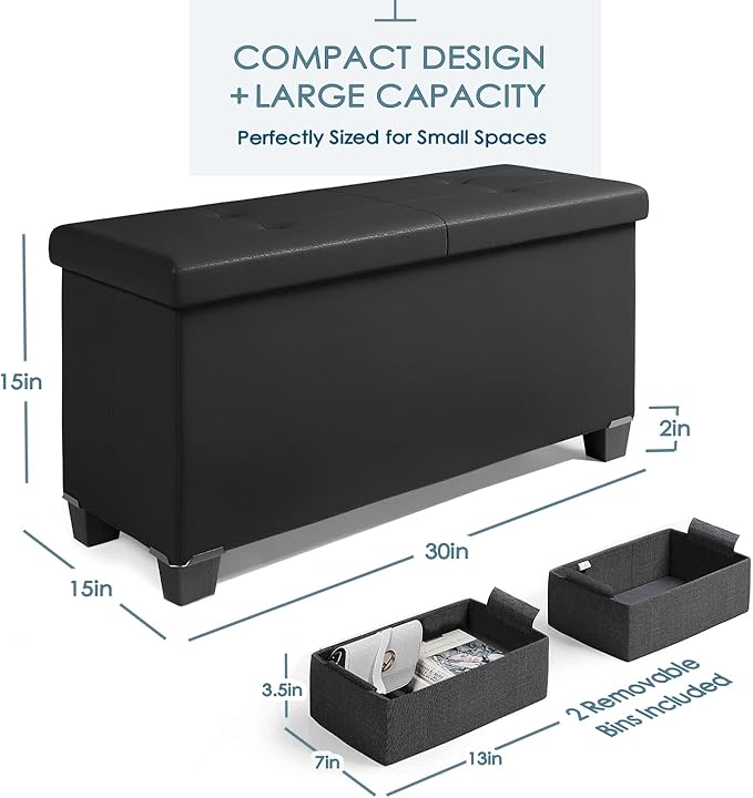Storage Ottoman Bench with Storage Bins 30-in Storage Bench for Bedroom End of Bed Folding Foot Rest Ottoman with Storage for Living Room Storage Chest Max 660lbs Faux Leather Ottoman Black