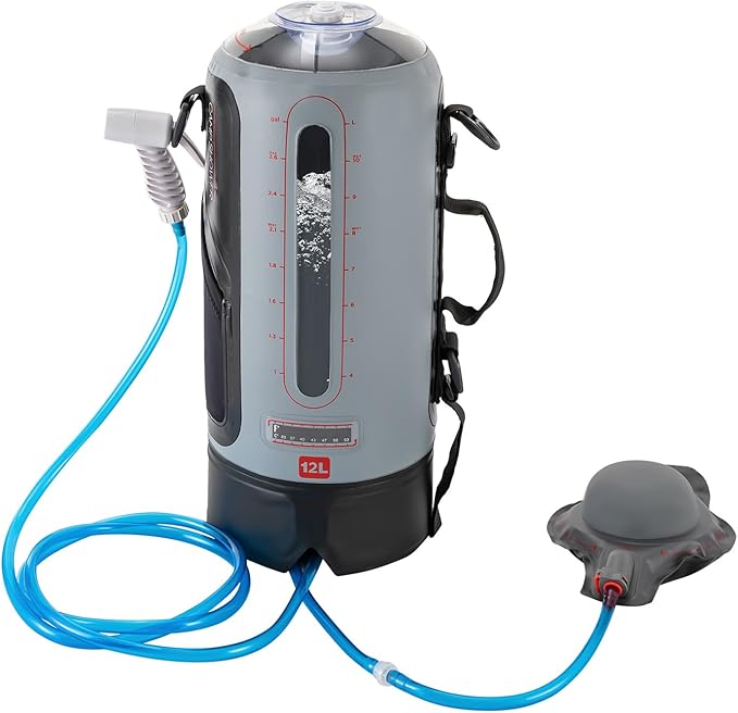 Camping Shower 12L Portable Camp Shower Bag Auto Pressure Pump Water Level Window Solar Shower for Beach Camping Hiking Garden Watering