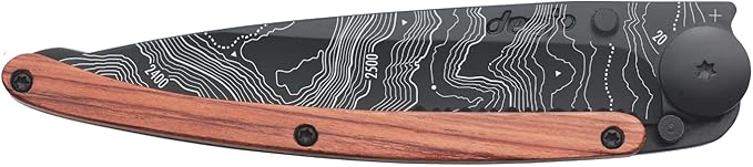 deejo - 37G Serrated Folding Pocket Knife with Belt Clip - Topography Design 3.7-Inch Stainless Steel Blade Black Titanium Finish Coral Handle - Lightweight EDC for Home Work and Outdoor Use