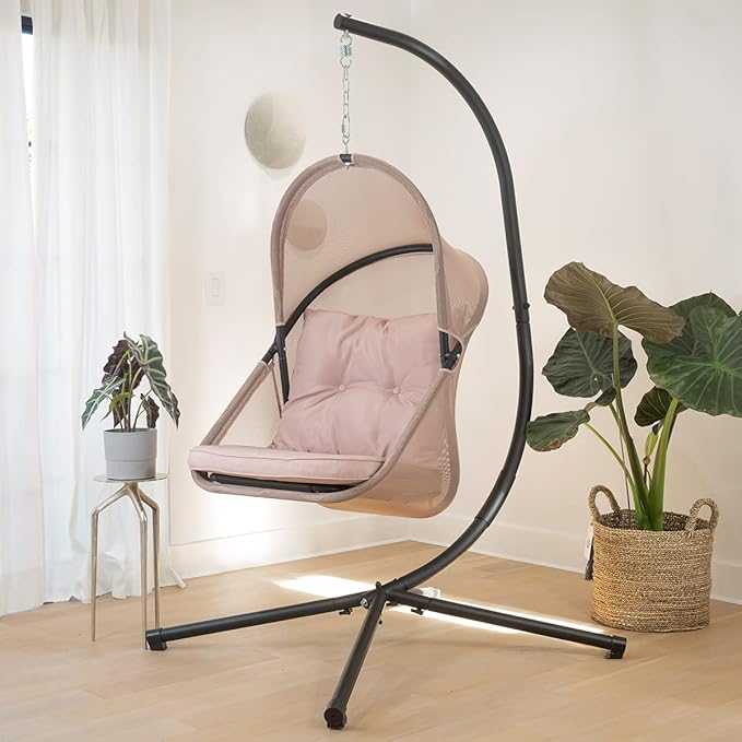 Barton Hanging Chair Egg Chair Cushion w/Canopy Indoor/Outdoor Basket Lounge Seat Collapsible Egg Chair Beige