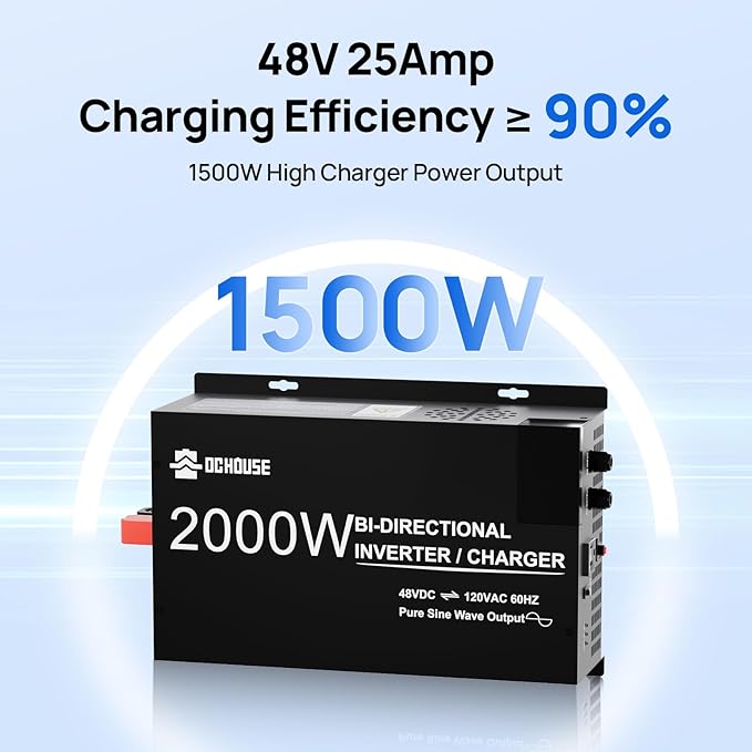 DC HOUSE 2000W Pure Sine Wave Inverter + 48V 25A Lithium Battery Charger 3 AC Outlets 48V DC to 120V AC Power Supply for Off-Grid Power Home Backup Outdoor Power Stations Golf Carts Batteries