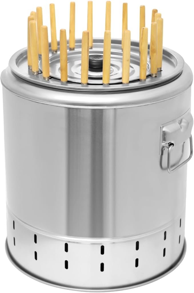Portable Smokeless Barbecue Charcoal Barrel GrillStainless Steel Surround Charcoal Kebab Grill with 20 Skewers And Bbq 2-In-1 Design for PicnicsCampingTraveling Parties BeachesGardens and More