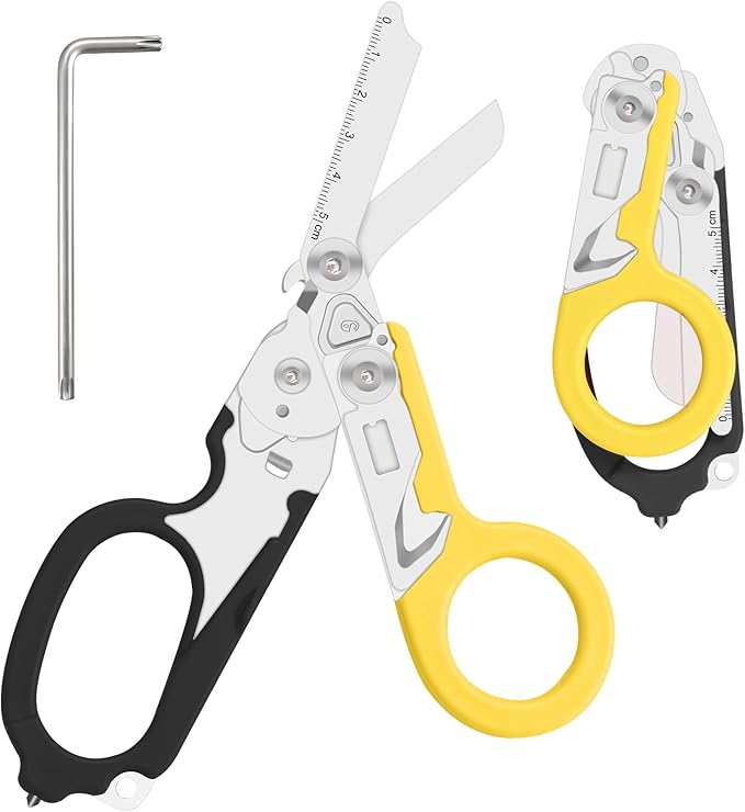 6 in 1 trauma shears folding emergency shear Outdoor Camping Tools Seat Belt Cutter Oxygen Cylinder Wrench Complimentary Adjustable Wrench (Black Yellow)