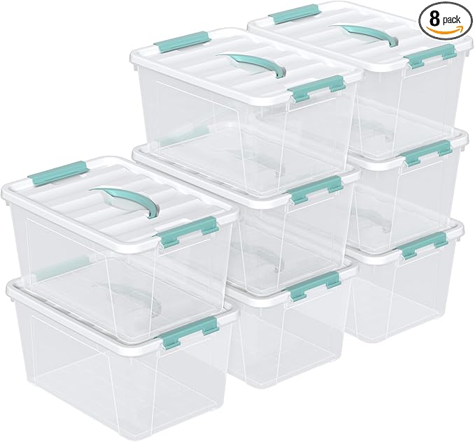 Stackable Storage Bins Under Bed Storage Containers with Lids Shoe Organizer Plastic Storage Bins Clear Shoe Boxes with Locking Latches 14qt (8 Pack)