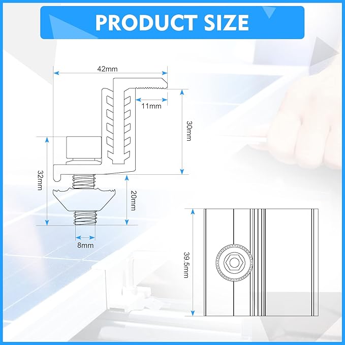 Zhengmy 10 Solar Panel End Clamp Mounting Z Bracket Mid Clamps Aluminum Rail End Clamps Clips Adjustable Panels Grounding Gutter Kit for Pv Mounting System Install Hardware Fasteners Accessory
