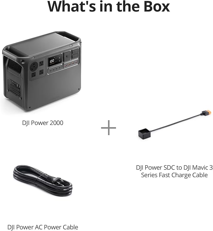 DJI Power 2000 Portable Power Station SDC to Mavic 3 Cable 2048Wh LFP Battery Compact Size 3000W Stable Output Drone Ready in 30 Mins Camping Filmmaking Flight Session