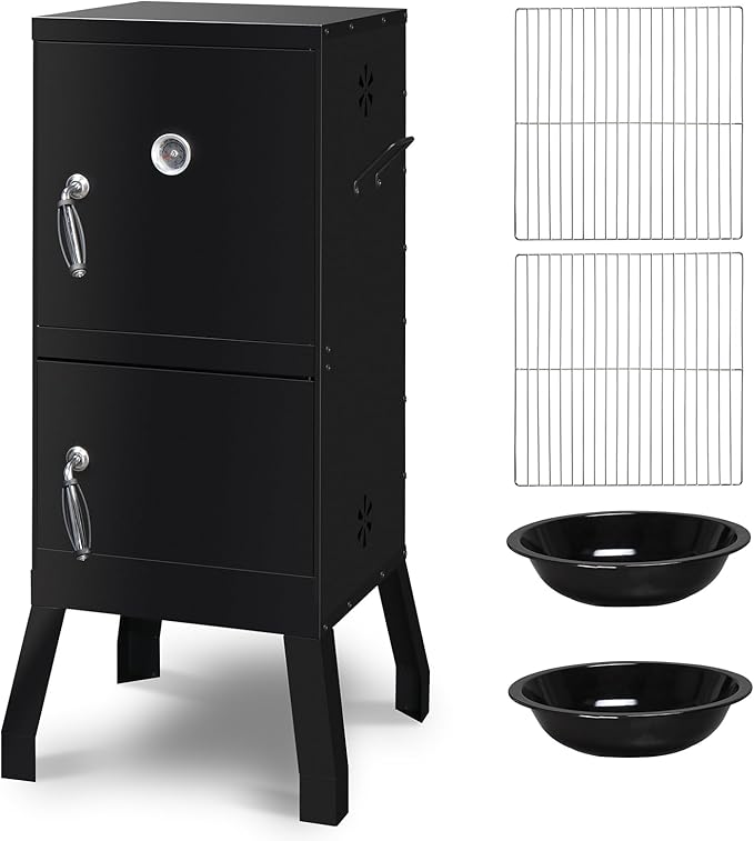 40 Vertical Steel Charcoal Smoker GrillHeavy Duty BBQ GrillsOutdoor Camping Backyard Barbecue GrillMetal Barbecue Smokerswith Thermometerfor Patio Garden Beach Porch Lawn Yard (Black)