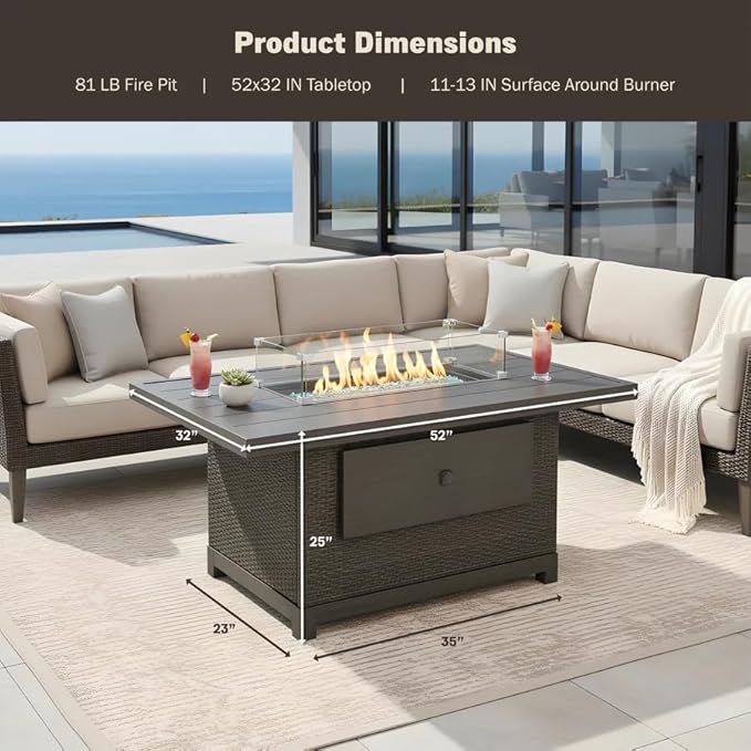 52-Inch Propane Fire Pit Table Rectangular 50000 BTU Outdoor Gas Fire Pit for Patio &amp Backyard Aluminum Frame 2-in-1 Firepit Dining Table with Glass Wind Guard Rain Cover and Blue Glass Rocks Bro