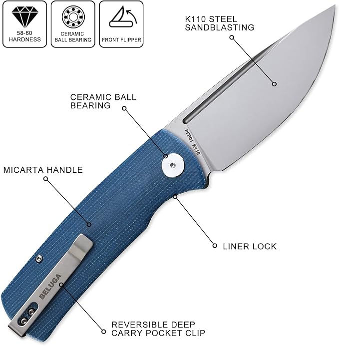 Petrified fish PFP01 k110 steel folding knife Micarta handle Front flipper outdoor Camping survival hunting EDC tool knives (Blue Micarta Sandblasting)