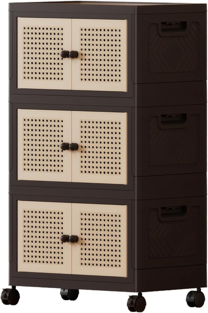 CXCJAI Foldable Plastic Storage Cabinet with Wheels Rattan-Style Doors Stackable Organizer with Magnetic DoorsStorage Boxes for Living Room Bedroom Office 3-Tier