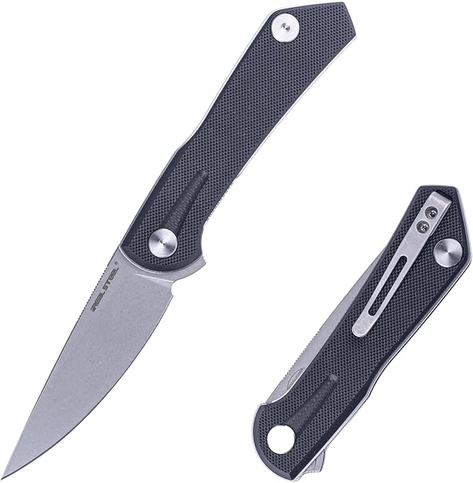 REALSTEEL Real Steel VALORE Liner Lock Flipper Pocket Knife - Nitro-V Steel Ball Bearing G10 Handle Two-Bolt Design - Perfect for Camping Hiking EDC Cutting Tasks (Black G10/Stonewash)