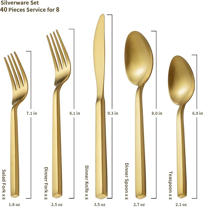 Alata Cube Matte Gold 40-Piece Flatware Set Forged Cutlery Set Service for 8 Stainless Steel Tableware with Square Handle for Home/Restaurant Dishwasher Safe