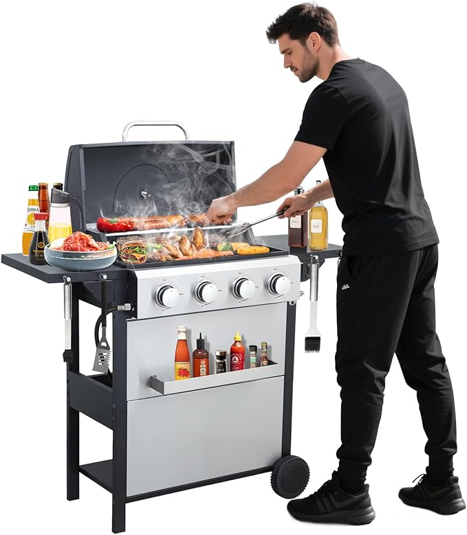 4-Burner Propane Gas BBQ Grill 34200BTU Stainless Steel Barbecue Grill With Wire Enamel Cooking Grids Foldable Side Table for Outdoor Camping (Style11: 4 Burner)